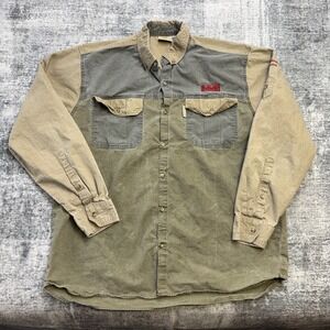 Vintage TAG Safari Shirt Mens Large Olive Khaki Colorblock Faded Travel Guide